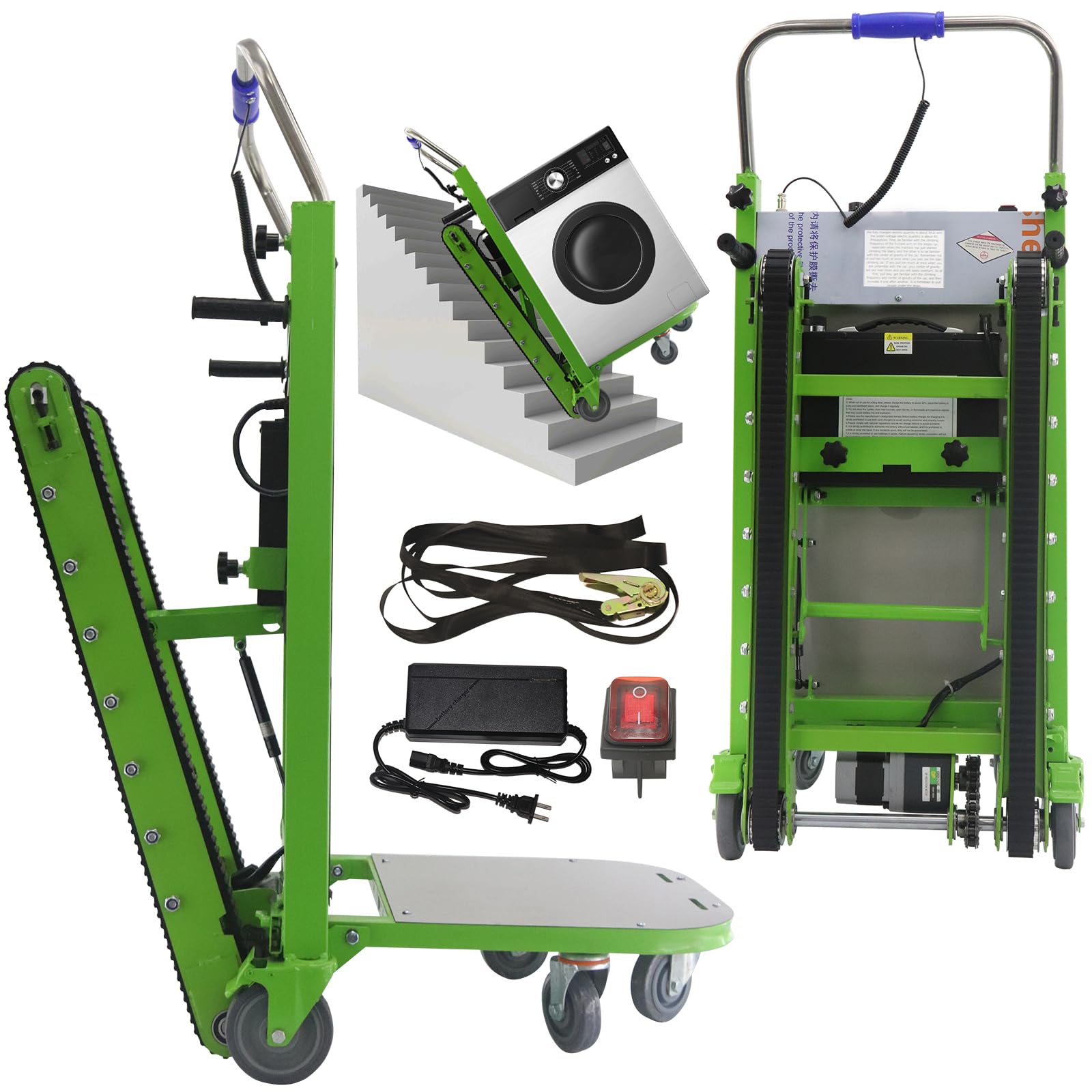 NPLJIKE Electric Stair Climbing Hand Trucks Cart Easy Up/Down with Solid Rubber Tires, 1200 W 880lb Max Load for Moving Warehouse Logistics Distribution 24Ah (Green Rubber Tracks)