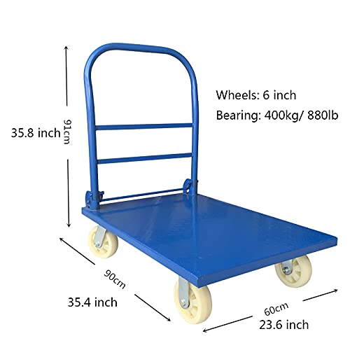 Hand Trucks Steel Plate Trolley 4-Wheels Flatbed Truck with Foldable Handle High Load Capacity for Warehouse Farmhouse Folding Pallet Cart Push Cart (Size : 880lb(90 * 60))