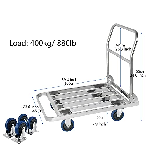 Push Cart Dolly Foldable Hand Truck Heavy Duty Stainless Push Cart Flatbed Trolley with Hollow Out Platform for Lage Baggage Moving Transport Platform