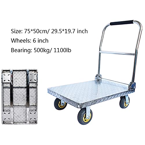 Generic Push Cart Push Cart Stainless Steel Trolley Heavy Duty Load Capacity Platform Truck with Foldable Handle and Silent Swivel Wheels for Moving Platform, 1100lb