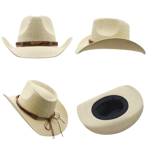 SAJUZEN Men & Women's Straw Cowboy Hat with Wide Brim Cowgirl Hat Sun hat, Ba-abeige2