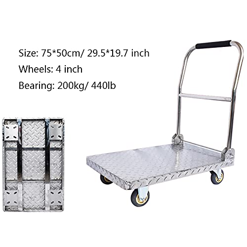 Push Cart Push Cart Stainless Steel Trolley Heavy Duty Load Capacity Platform Truck with Foldable Handle and Silent Swivel Wheels for Moving Platform