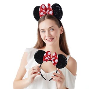 ZYTJ 2 Pcs Mouse Ears Headbands,Shiny Bows Mouse Ears Headbands, A Perfect Addition to Your Trip Essentials and Accessories for Women red