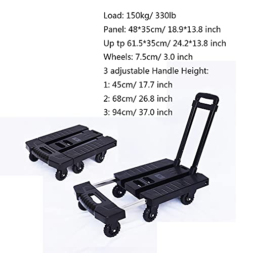 Generic Platform Hand Truck Folding Hand Truck 6 Wheels Small Trolley Cart with Stretchable Handle for Home Office Travel Luggage Moving 330lbs Weight Capacity Push Dolly for Loading (Black 3inch)