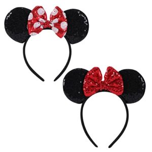 ZYTJ 2 Pcs Mouse Ears Headbands,Shiny Bows Mouse Ears Headbands, A Perfect Addition to Your Trip Essentials and Accessories for Women red