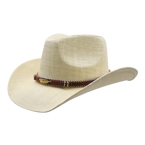 SAJUZEN Men & Women's Straw Cowboy Hat with Wide Brim Cowgirl Hat Sun hat, Ba-abeige2