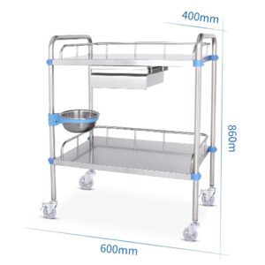 BBIJK Double-Layer Stainless Steel Trolley, Portable Trolley with Upper Drawer, Mobile Dressing Trolley with Wheels, Bearing 70k