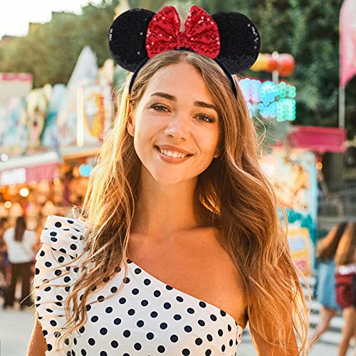 ZYTJ 2 Pcs Mouse Ears Headbands,Shiny Bows Mouse Ears Headbands, A Perfect Addition to Your Trip Essentials and Accessories for Women red