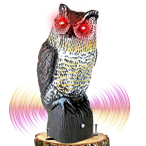 Eowllo Plastic Owl Decoy to Keep Birds Away,Brid Owl with Flashing Eyes&Frightening Sound for Garden Yard Outdoor