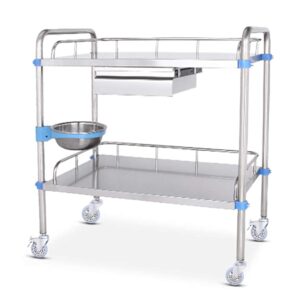 bbijk double-layer stainless steel trolley, portable trolley with upper drawer, mobile dressing trolley with wheels, bearing 70k