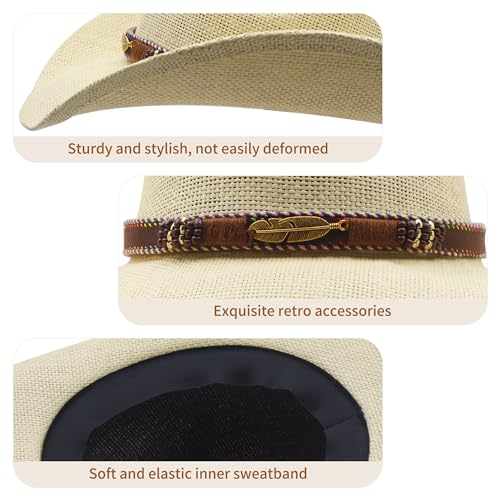 SAJUZEN Men & Women's Straw Cowboy Hat with Wide Brim Cowgirl Hat Sun hat, Ba-abeige2