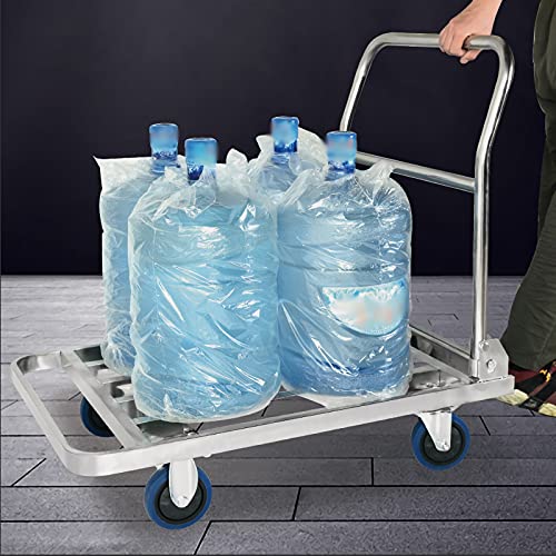 Push Cart Dolly Foldable Hand Truck Heavy Duty Stainless Push Cart Flatbed Trolley with Hollow Out Platform for Lage Baggage Moving Transport Platform