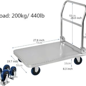 Push Cart Dolly Platform Truck Stainless Steel Moving Hand Cart with Wheels and Handle for Home Office Warehouse Factory 440lbs Weight Capacity Platform Truck (Size : 304)