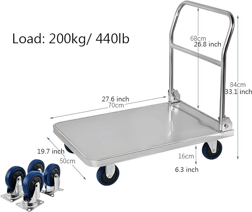 Push Cart Dolly Platform Truck Stainless Steel Moving Hand Cart with Wheels and Handle for Home Office Warehouse Factory 440lbs Weight Capacity Platform Truck (Size : 304)