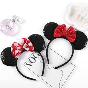 ZYTJ 2 Pcs Mouse Ears Headbands,Shiny Bows Mouse Ears Headbands, A Perfect Addition to Your Trip Essentials and Accessories for Women red