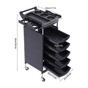 CaLaOCO Salon Trolley, with Handle and Rolling Wheels, 5 Drawers and 2 Hair Dryer Holder Side Tray, Black