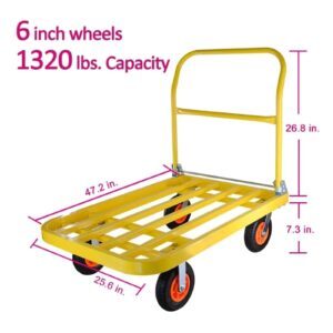 Platform Truck Heavy Platform Truck Steel Flat Handtruck Load 1320lbs Folding Push Cart Silent Flatbed Cart Bright Yellow Moving Dolly Cart Reliable