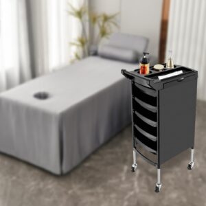 CaLaOCO Salon Trolley, with Handle and Rolling Wheels, 5 Drawers and 2 Hair Dryer Holder Side Tray, Black