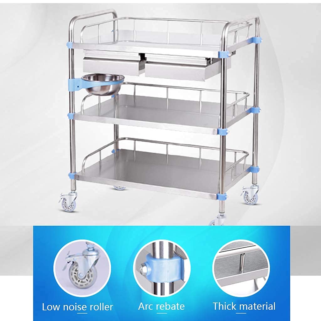 BBIJK Double-Layer Stainless Steel Trolley, Portable Trolley with Upper Drawer, Mobile Dressing Trolley with Wheels, Bearing 70k