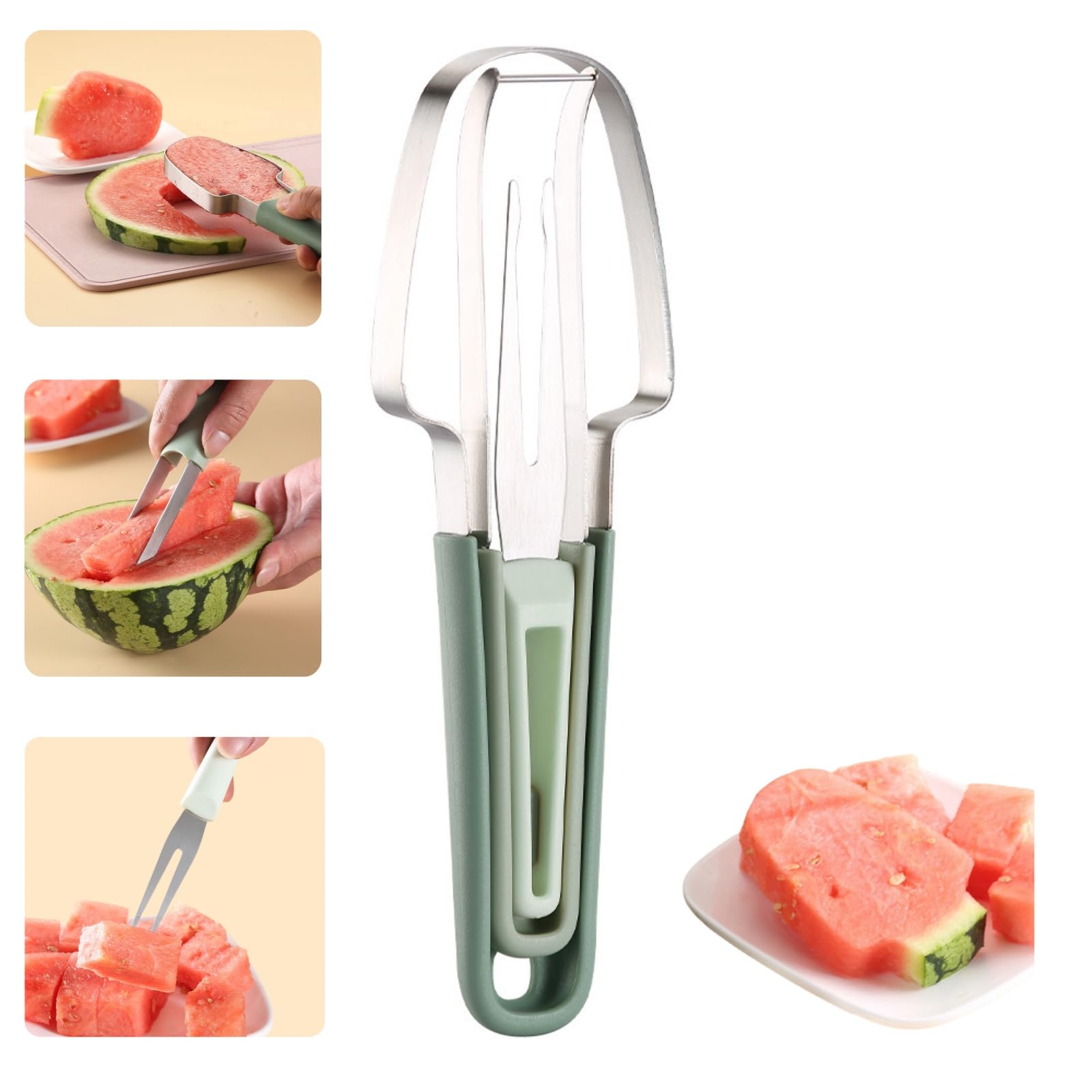 MOTEERLLU 3 in 1 Multifunctional Watermelon Popsicle Slicer Cutter Tool with Fork, Stainless Steel Fruit Cutter Slicer Kitchen Gadget, Portable Watermelon Windmill Cutter Knife (Green)