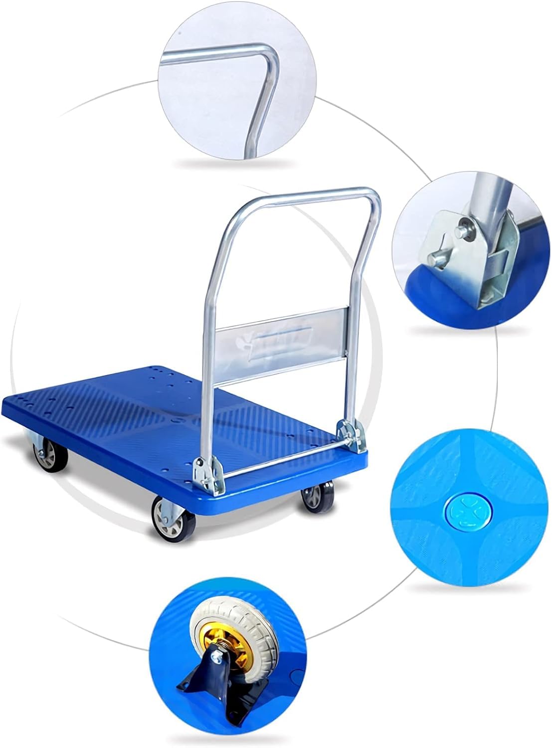 ELEFOCUS Flatbed Hand Cart Platform Truck with Silent Wheels Foldable Handle Plastic Deck Push Cart for Home(Size:72 * 60-330lbs)