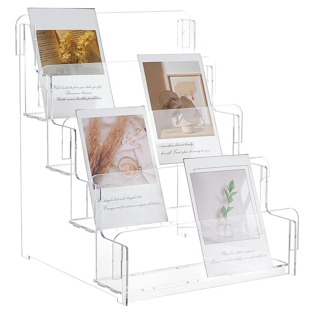 FINGERINSPIRE 4-Tier Acrylic Postcard Display Stand 10.7x10.6x12.2inch Clear Acrylic Greeting Card Display Holder Sticker Postcard Photo Stamp Cards Vendors Retail Display Rack Mail Organizer