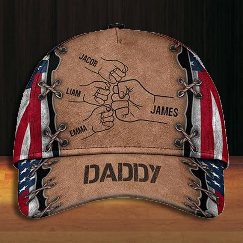 Pamaheart Grandpa Papa Daddy Fist Bump Fathers Day Family Personalized Cap, Custom Dad Hat with Kids Name, Dad Cap, 3D Baseball Cap Men, Dad Hat, Grandpa Hat, Father's Day Hats for Men, Gift for Dad