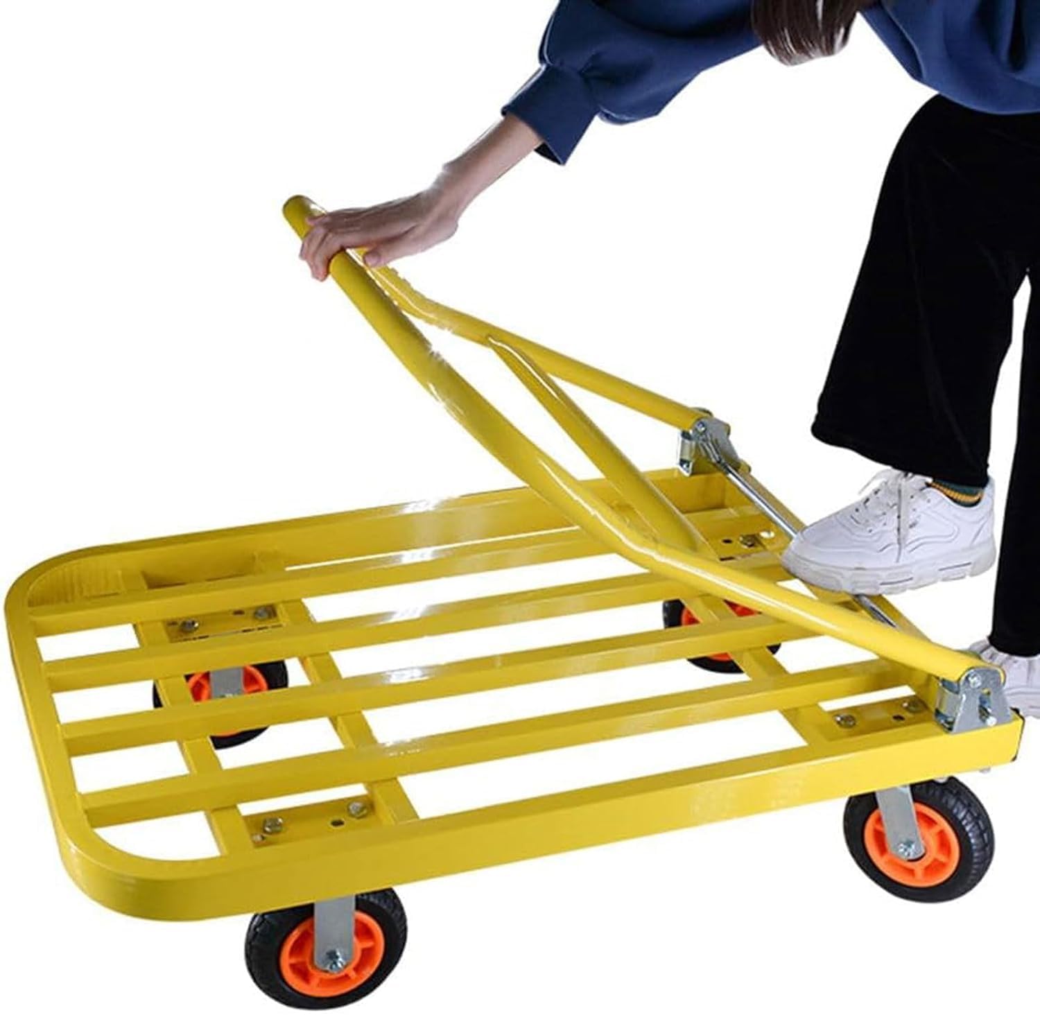 Platform Truck Heavy Platform Truck Steel Flat Handtruck Load 1320lbs Folding Push Cart Silent Flatbed Cart Bright Yellow Moving Dolly Cart Reliable