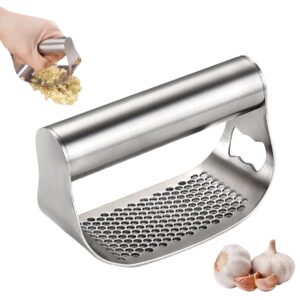 stainless steel garlic presser, 2024 new garlic press rocker garlic mincer garlic press stainless steel, garlic chopper with peeler and cleaning brush for smash garlic kitchen tools (a)