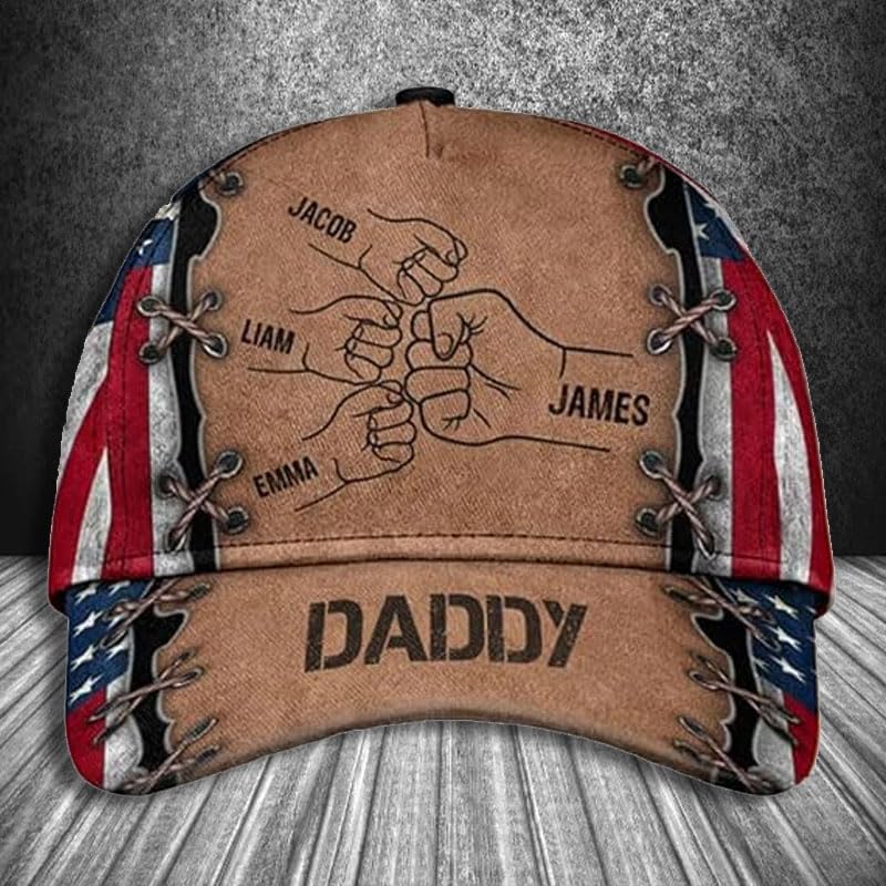 Pamaheart Grandpa Papa Daddy Fist Bump Fathers Day Family Personalized Cap, Custom Dad Hat with Kids Name, Dad Cap, 3D Baseball Cap Men, Dad Hat, Grandpa Hat, Father's Day Hats for Men, Gift for Dad