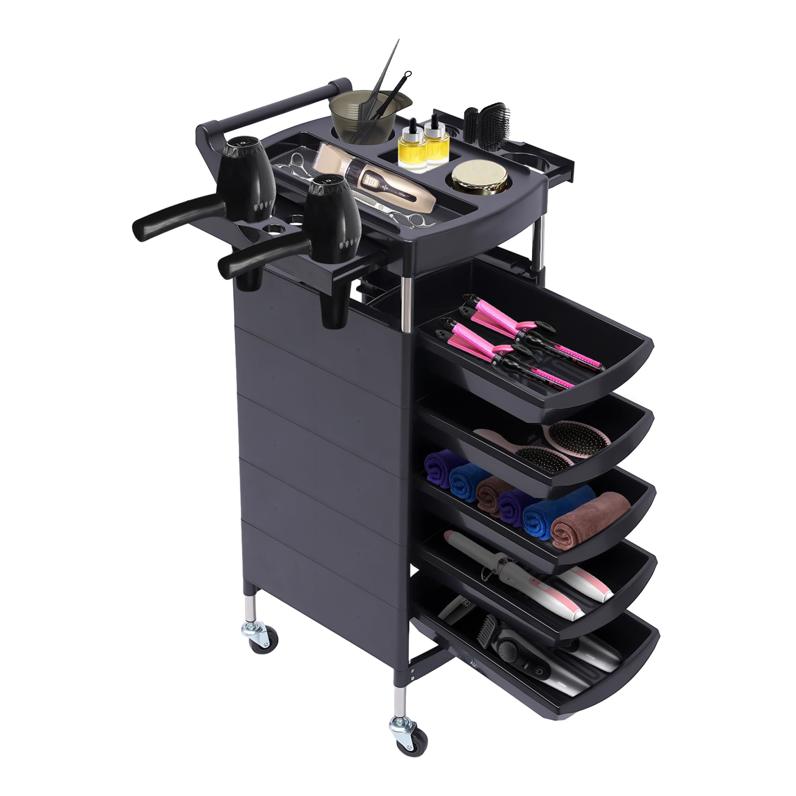 CaLaOCO Salon Trolley, with Handle and Rolling Wheels, 5 Drawers and 2 Hair Dryer Holder Side Tray, Black