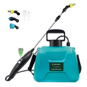 battery powered garden sprayer with 3 mist nozzles, 1.35 gallon lawn electric sprayer with telescopic wand and rechargeable handle, portable electric battery sprayer with shoulder strap for gardening