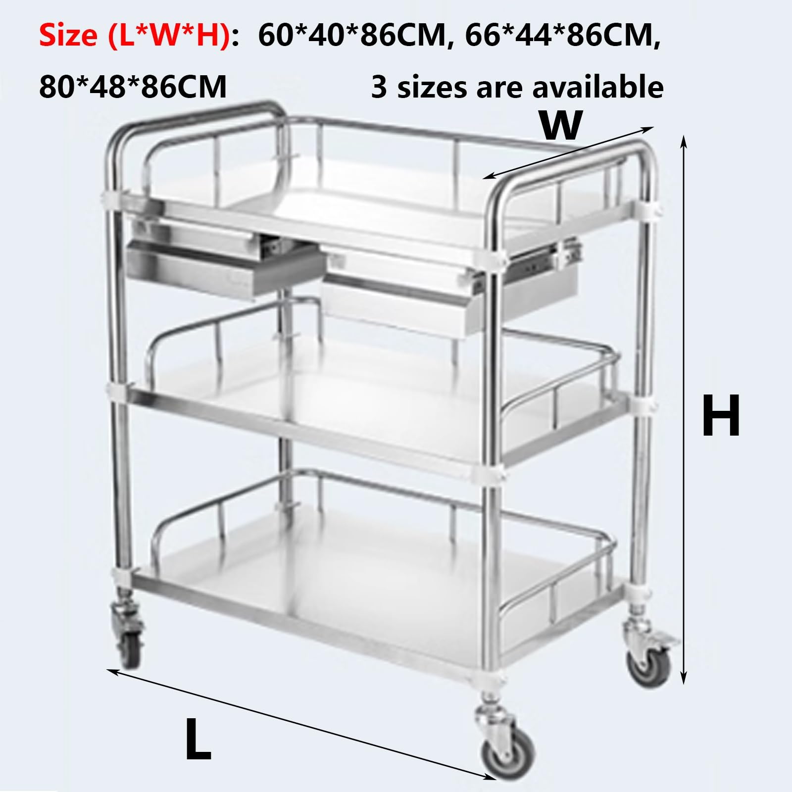 BBIJK 304 Stainless Steel Trolley, Beauty Salon Treatment Carts 3 Tier Lab Cart Portable Serving Utility Rolling Carts with Heavy-Duty Caster with Brake, 80*48*86cm