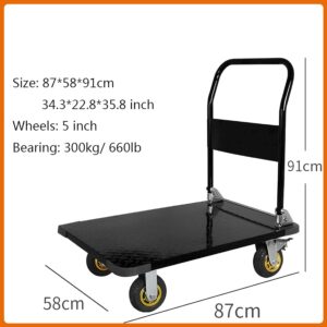 ELEFOCUS Flatbed Hand Cart Steel Platform Truck Folding Hand Cart with Handle and 360 Degree Swivel Wheels (Size:5in Wheels with Brake)