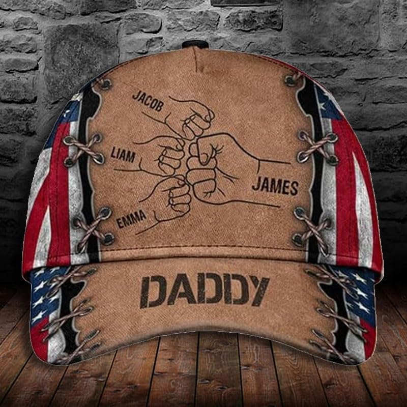 Pamaheart Grandpa Papa Daddy Fist Bump Fathers Day Family Personalized Cap, Custom Dad Hat with Kids Name, Dad Cap, 3D Baseball Cap Men, Dad Hat, Grandpa Hat, Father's Day Hats for Men, Gift for Dad