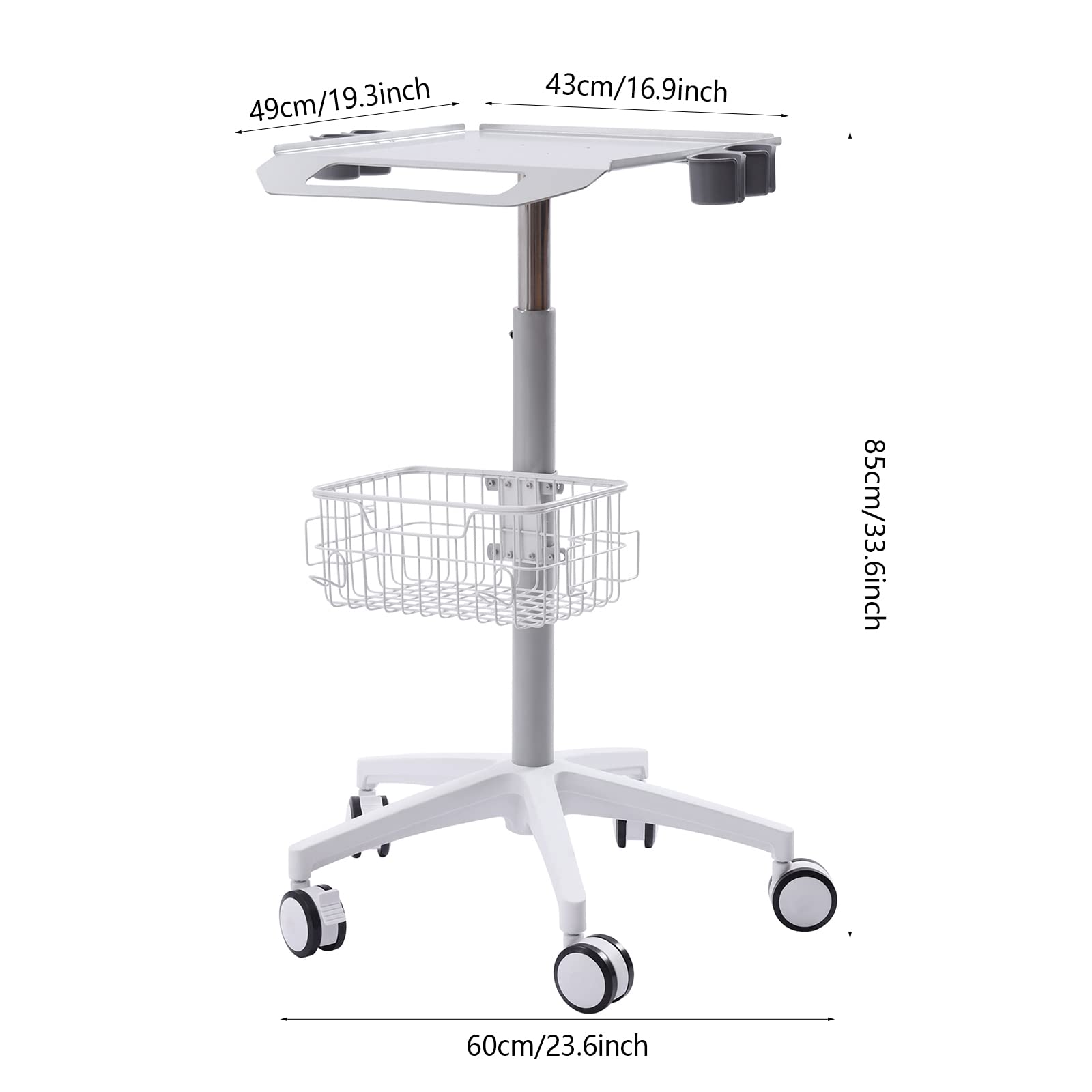 Mobile Storage Cart, Medical Cart Mobile Trolley Cart with 5 Wheels, Adjustable Height 33.46-43.71Inch, Portable Stainless Steel Dental Cart Rolling Desktop Lab Cart with Large Tabletop for Office