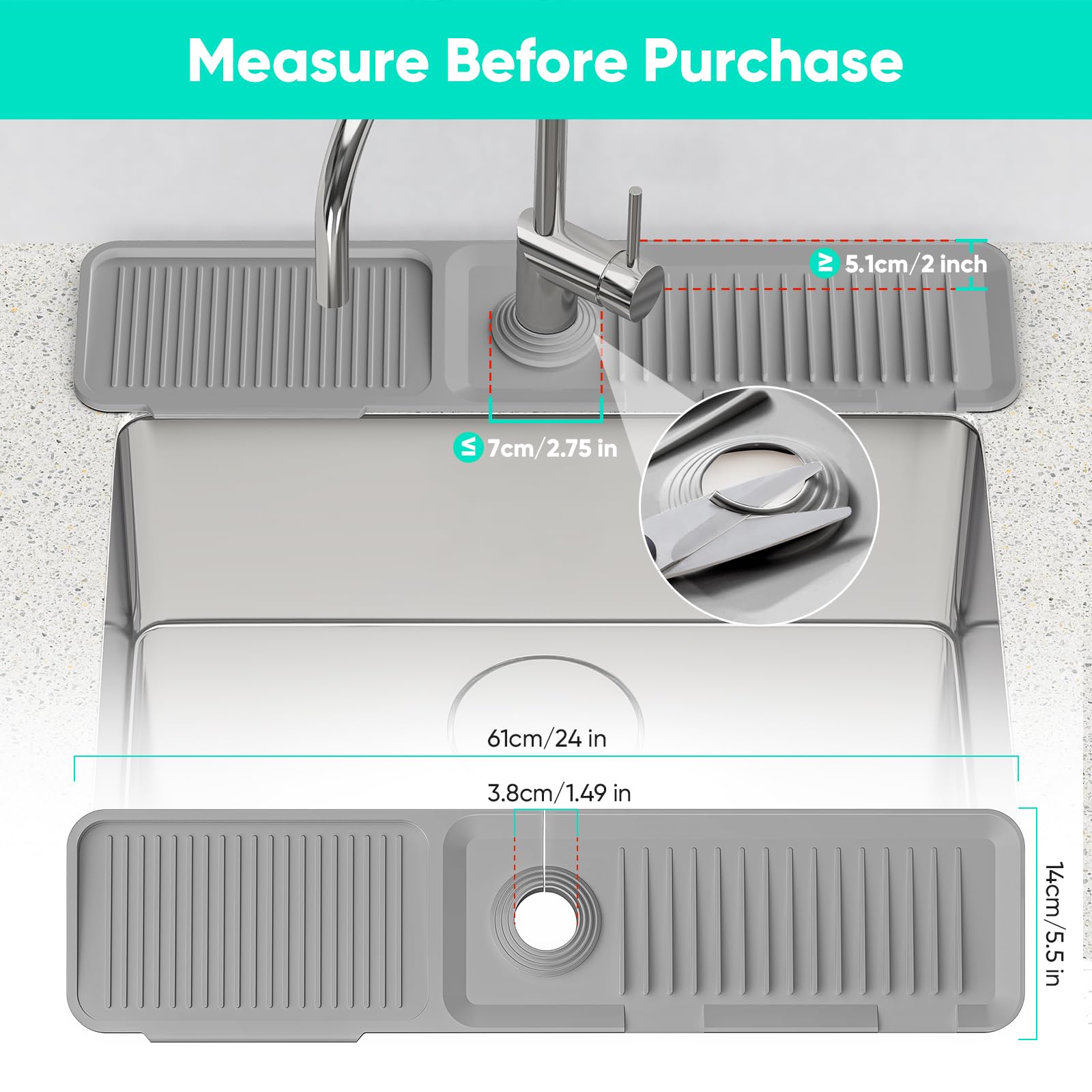 Snoquir 24 Inch Longer Kitchen Sink Splash Guard [5°Slope Fast Draining]Silicone Draining Mat for Kitchen Sink Faucet Mat Kitchen Sink Tidy Splash Guard Kitchen Sink Area Kitchen Faucet Draining Mat