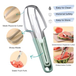 MOTEERLLU 3 in 1 Multifunctional Watermelon Popsicle Slicer Cutter Tool with Fork, Stainless Steel Fruit Cutter Slicer Kitchen Gadget, Portable Watermelon Windmill Cutter Knife (Green)