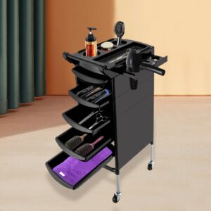 CaLaOCO Salon Trolley, with Handle and Rolling Wheels, 5 Drawers and 2 Hair Dryer Holder Side Tray, Black