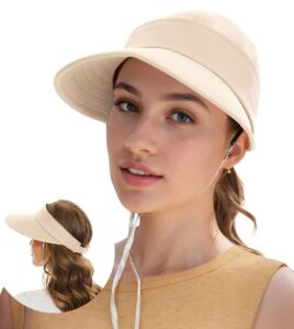 durio wide brim summer beach hats for women 2024 upf 50+ sun hat 2 in 1 visors for women foldable zip-off visor with wind strap packable womens sun hat safari fishing gardening beige one size