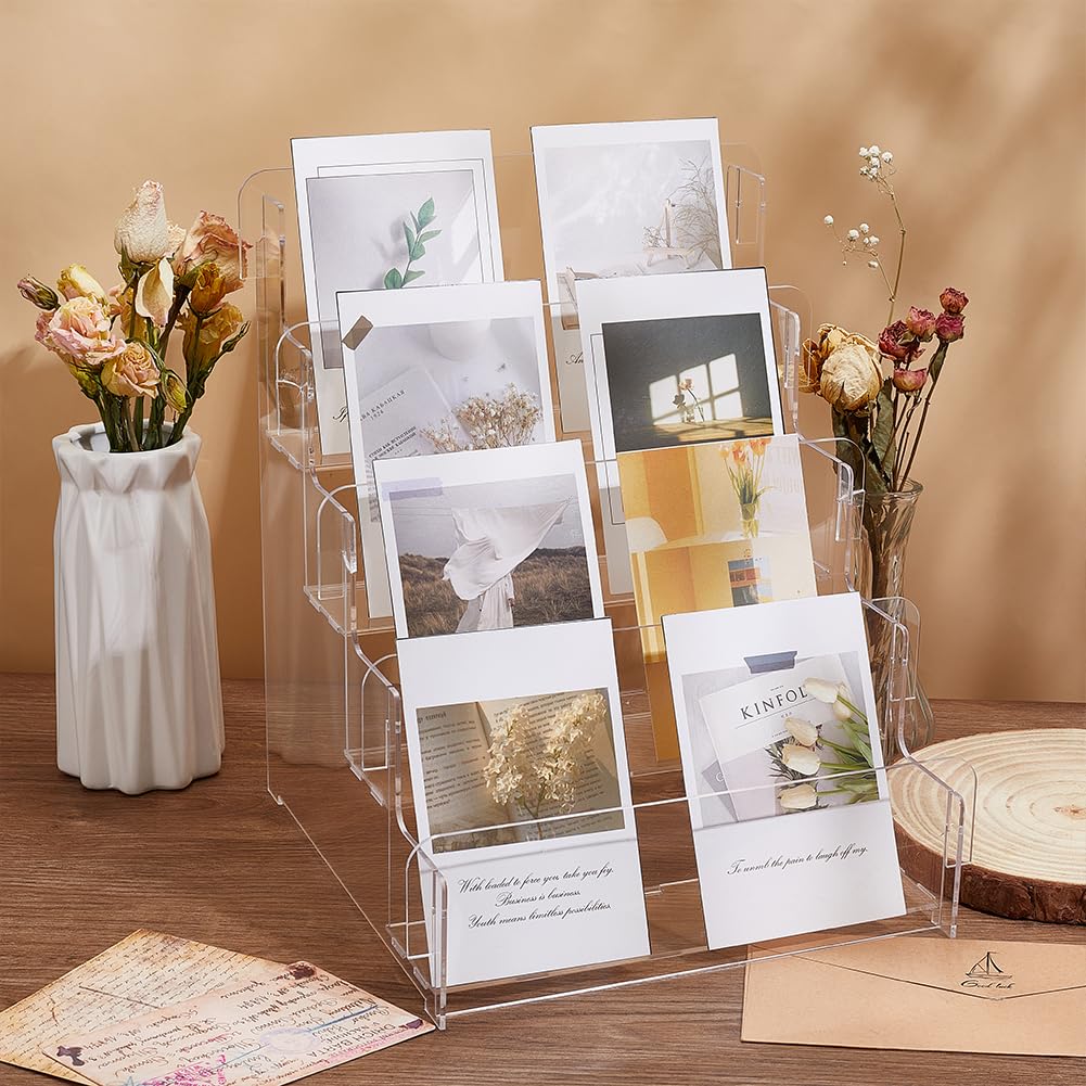 FINGERINSPIRE 4-Tier Acrylic Postcard Display Stand 10.7x10.6x12.2inch Clear Acrylic Greeting Card Display Holder Sticker Postcard Photo Stamp Cards Vendors Retail Display Rack Mail Organizer