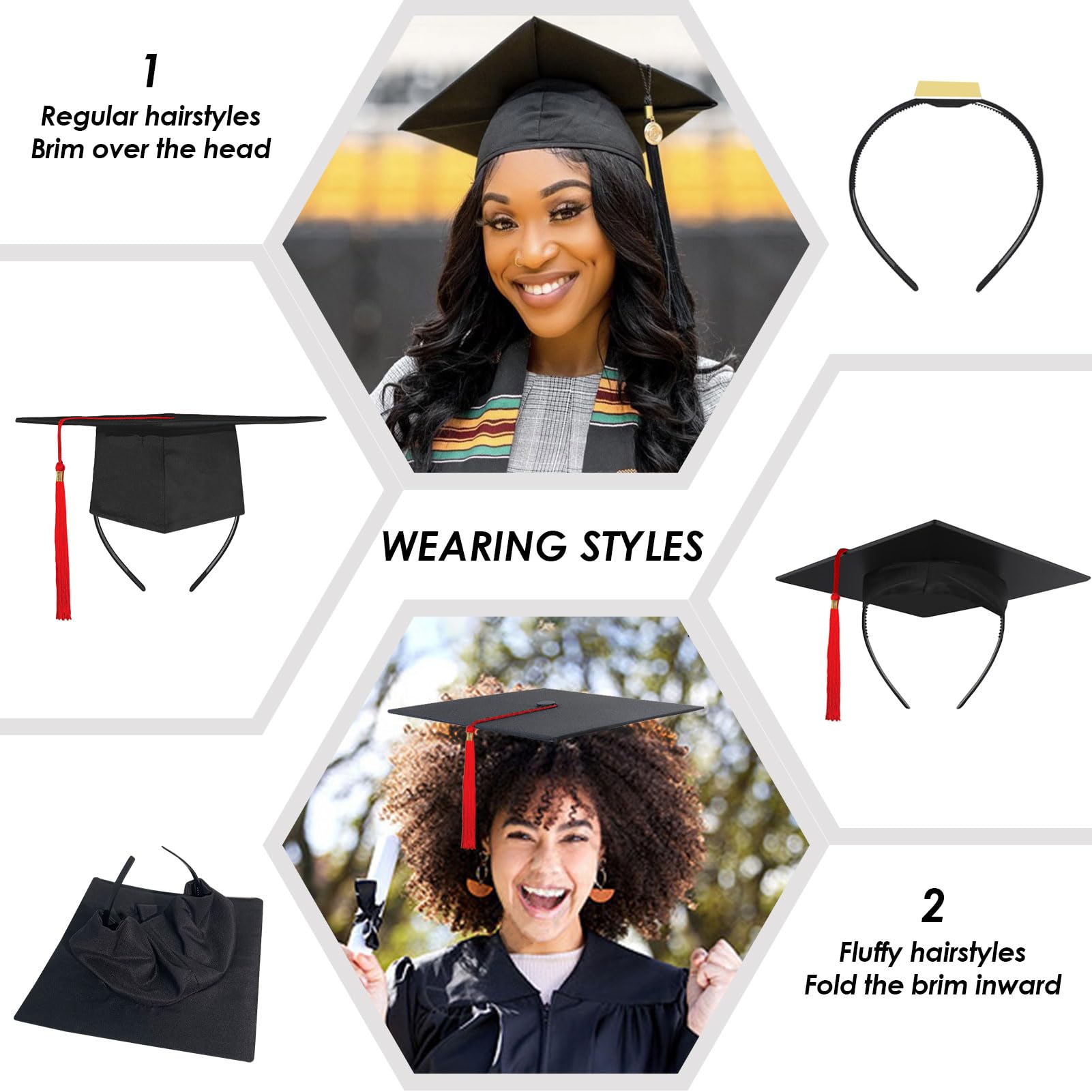 KHG 2 Pack Graduation Cap Headband, Grad Cap Headband Insert for Curly Hair and Other Hairstyles, Adjustable Headband Secured Holder for All Hats