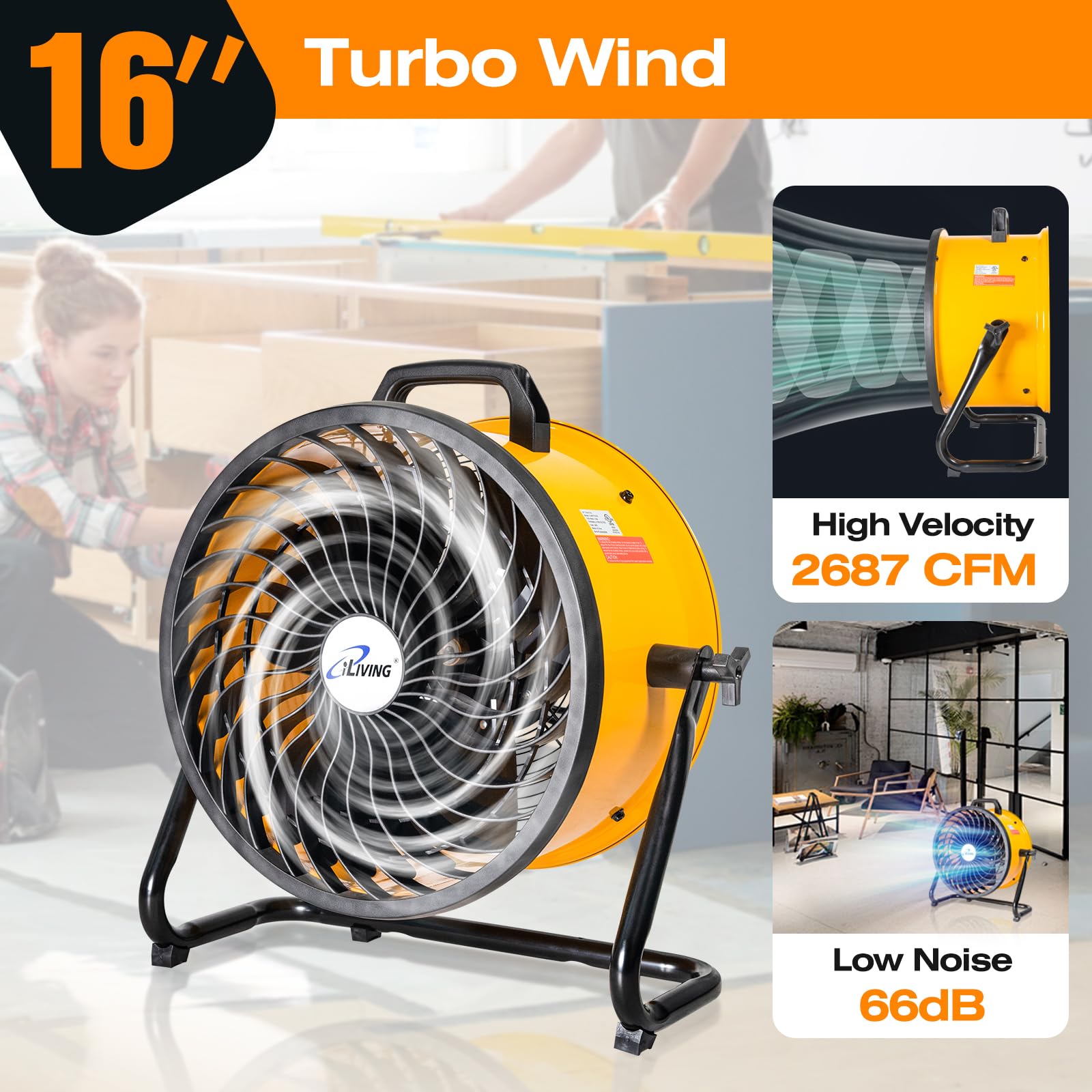 iLiving 16 in. Low Noise Turbo Fan 2687 CFM 3-Speed Portable Air Circulator for Shop, Office, Greenhouse, Home and Warehouse