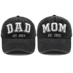 Hiwelove 2PCS Mom and Dad EST 2024 Hats for Men Women, Funny New Dad Mom Gifts Baseball Cap New Parents Gifts for Couples