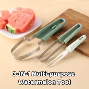 MOTEERLLU 3 in 1 Multifunctional Watermelon Popsicle Slicer Cutter Tool with Fork, Stainless Steel Fruit Cutter Slicer Kitchen Gadget, Portable Watermelon Windmill Cutter Knife (Green)