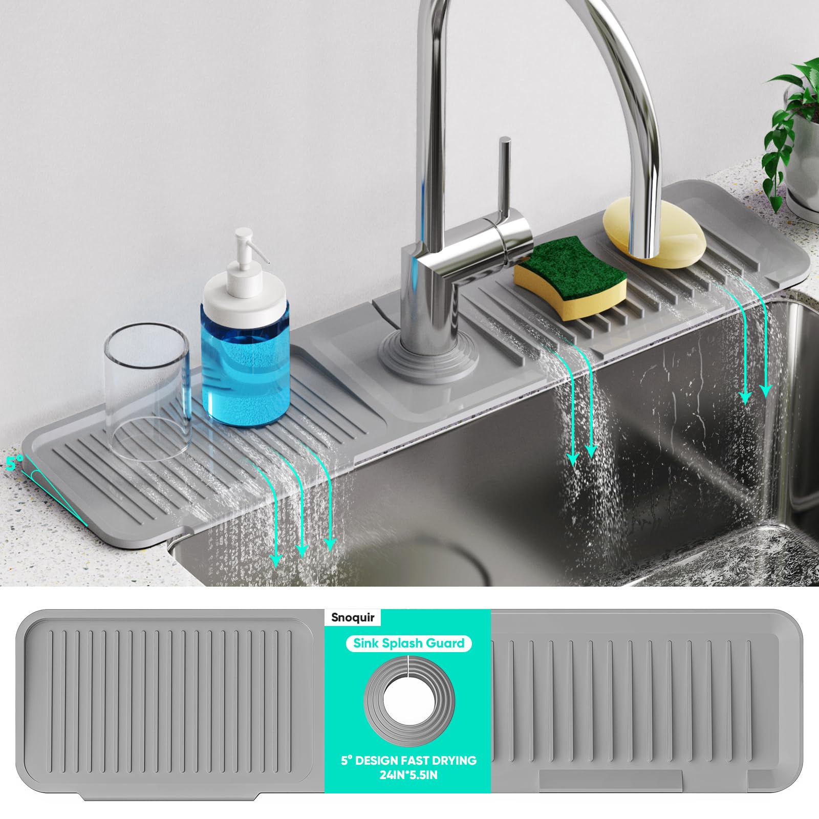 Snoquir 24 Inch Longer Kitchen Sink Splash Guard [5°Slope Fast Draining]Silicone Draining Mat for Kitchen Sink Faucet Mat Kitchen Sink Tidy Splash Guard Kitchen Sink Area Kitchen Faucet Draining Mat