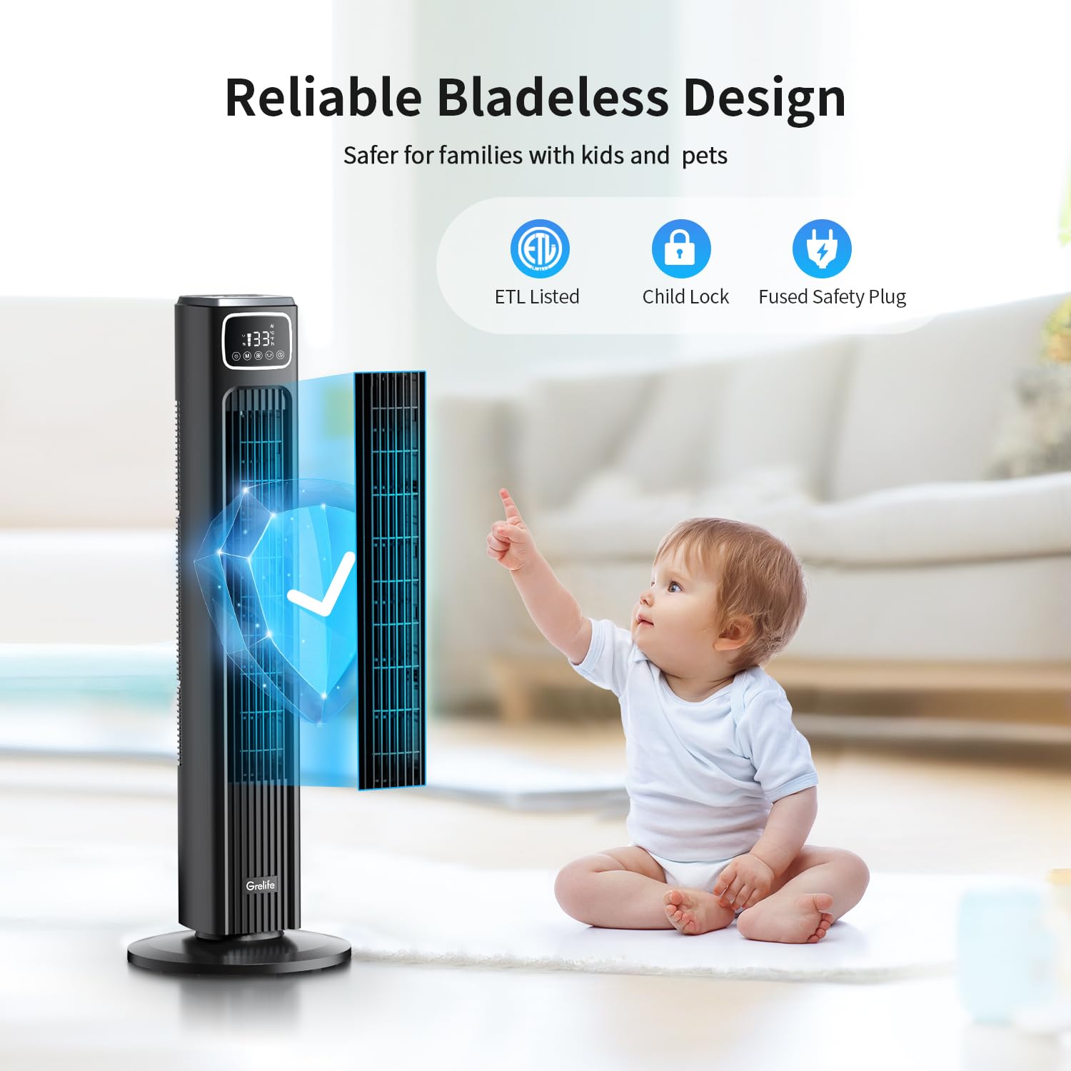 Grelife 36" Cooling Tower Fan, Bladeless Standing Fan with 80° Oscillation, Touch Screen & Remote Control - Ideal for Home Office Bedroom