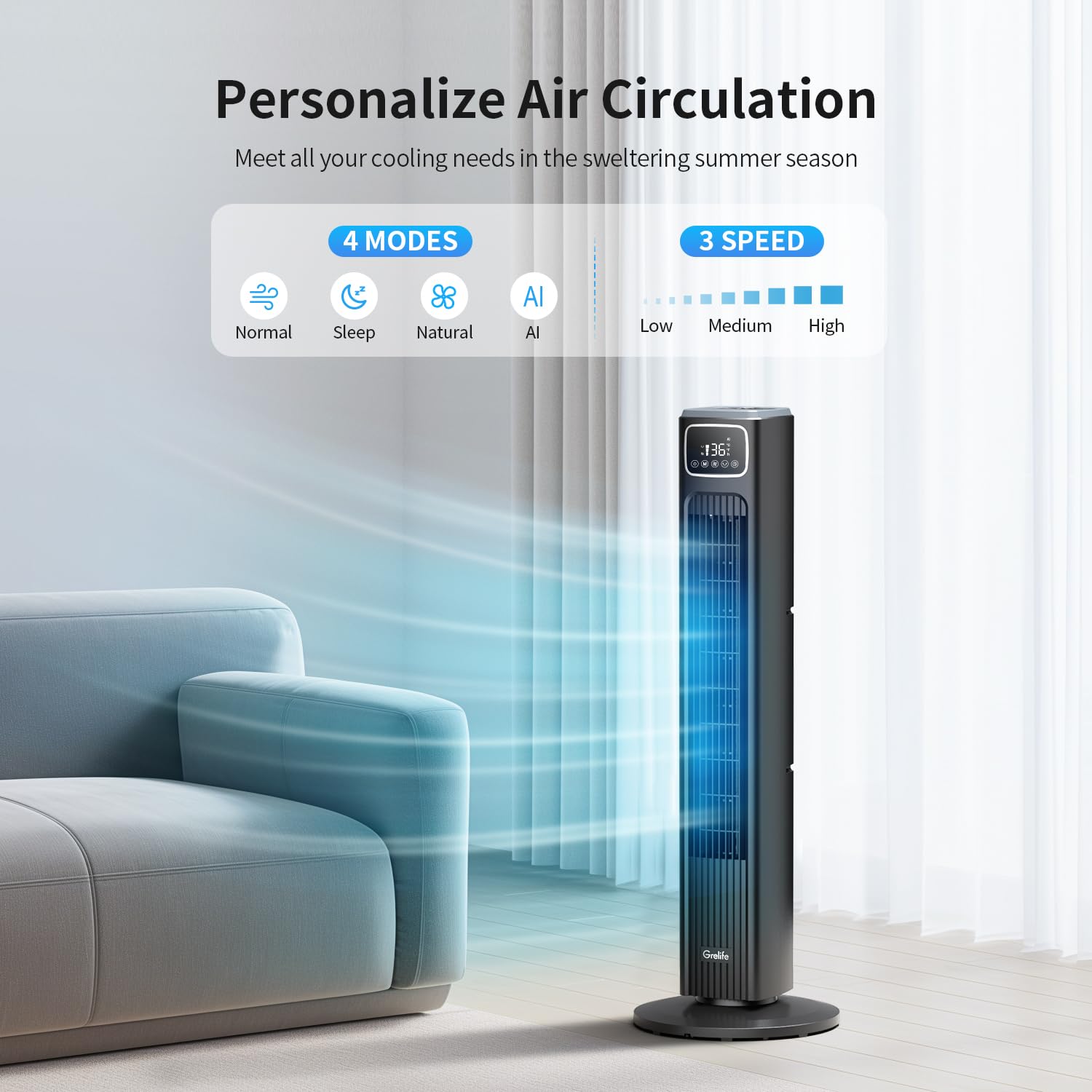 Grelife 36" Cooling Tower Fan, Bladeless Standing Fan with 80° Oscillation, Touch Screen & Remote Control - Ideal for Home Office Bedroom