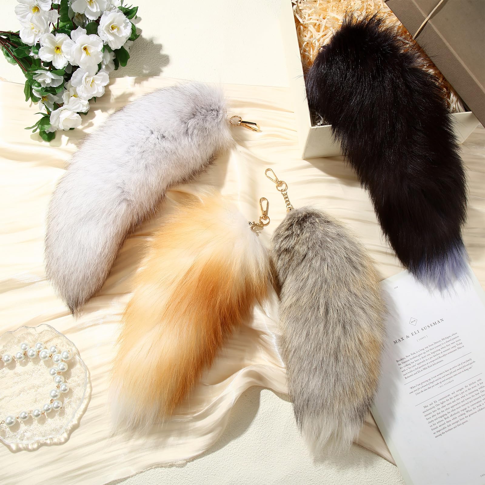 Ferreve Huge and Fluffy Real Fox Tail Keyring Fur Tail Keychain Handbag Accessory Hook Pendant Gift for Women 2 Sizes(Black,White,6 Pcs)