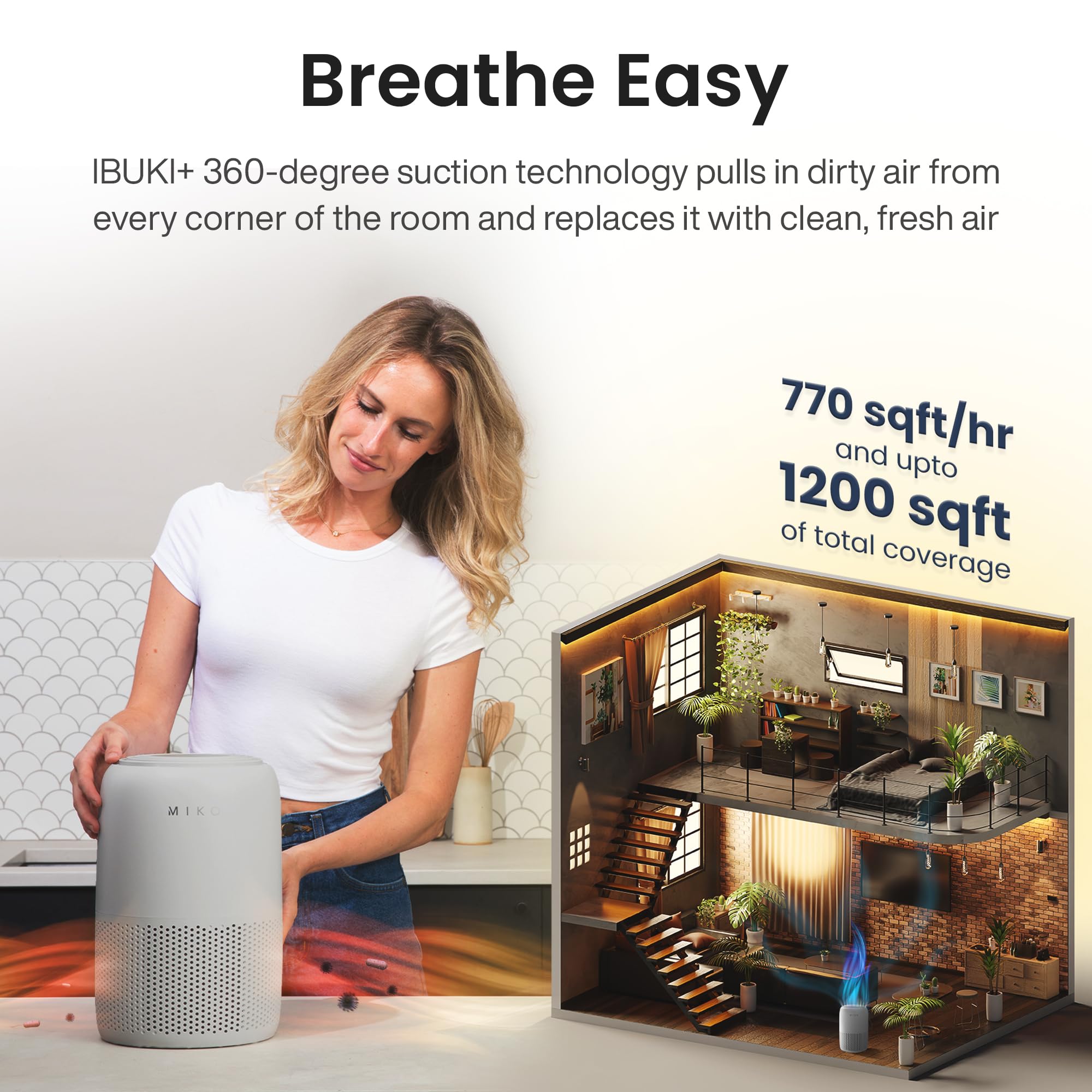 MIKO Air Purifier for Bedroom with 3-in-1 HEPA Filter & Sleep Mode, Whisper Quiet, Covers Up to 1200 ft, Smart Wi-Fi App Control - Removes Smoke, Allergens, Pets Hair, Dust, Odors, Pollutants